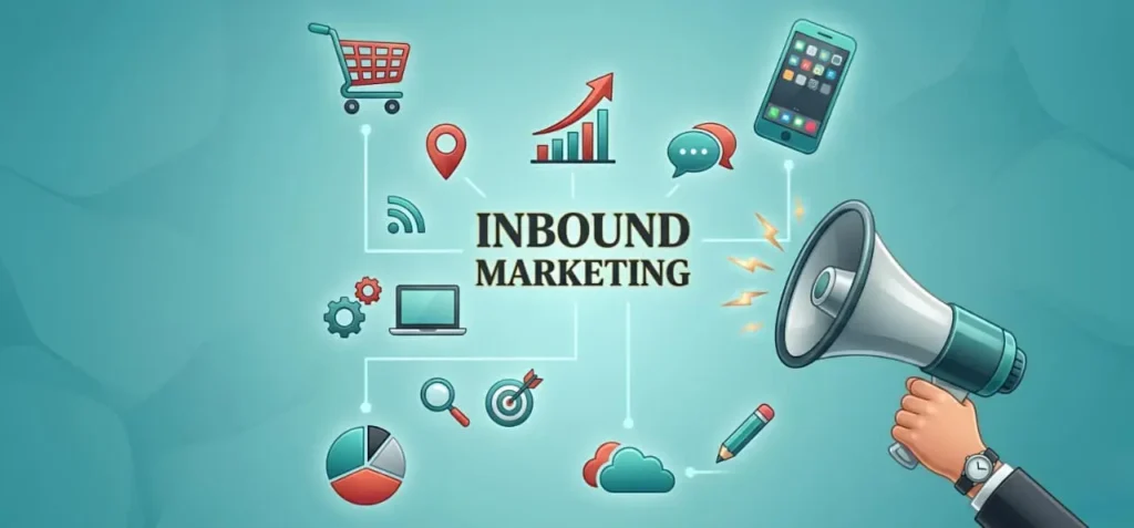 Inbound Marketing Strategy illustrated with icons showing SEO, social media, content, analytics, mobile and cloud tools