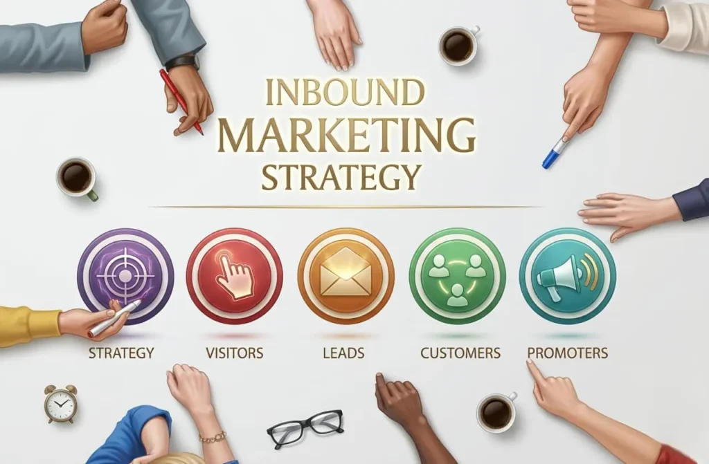 Inbound Marketing Strategy framework showing the journey from Strategy to Visitors, Leads, Customers and Promoters