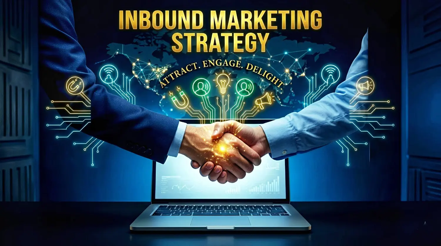 Two professionals shaking hands over a laptop representing a successful Inbound Marketing Strategy partnership